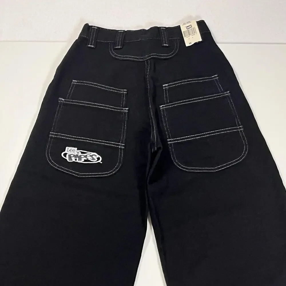 Lee Pipes Jeans Youth Medium Black Double Black Wide Leg Carpenter Y2K Skate